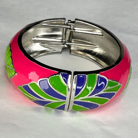 Colorful Floral Hinged Bangle Bracelet With Pink Green & Purple Enamel Design On - Picture 4 of 5